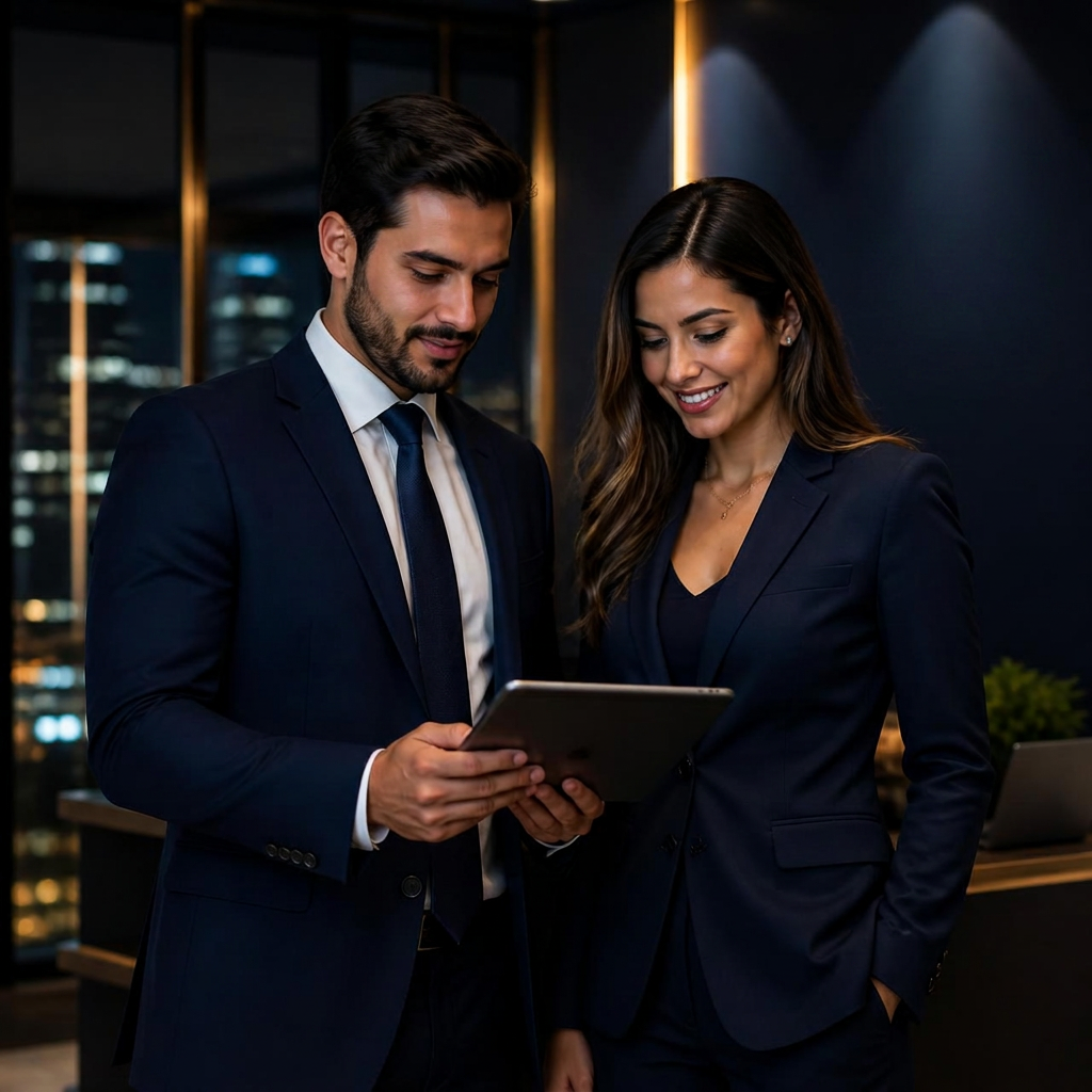 Consultores da Fortis One analisando soluções financeiras em tablet